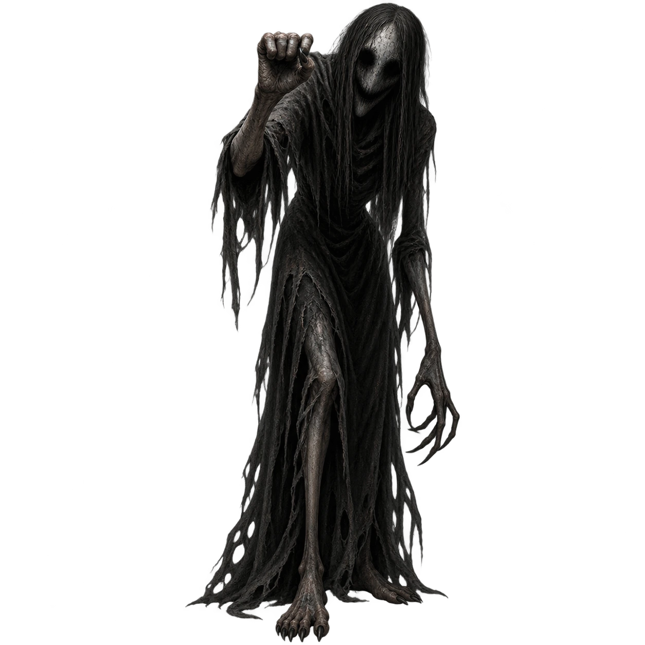 Unreleased creature design with long hair, a hollow face and a raised hand.
