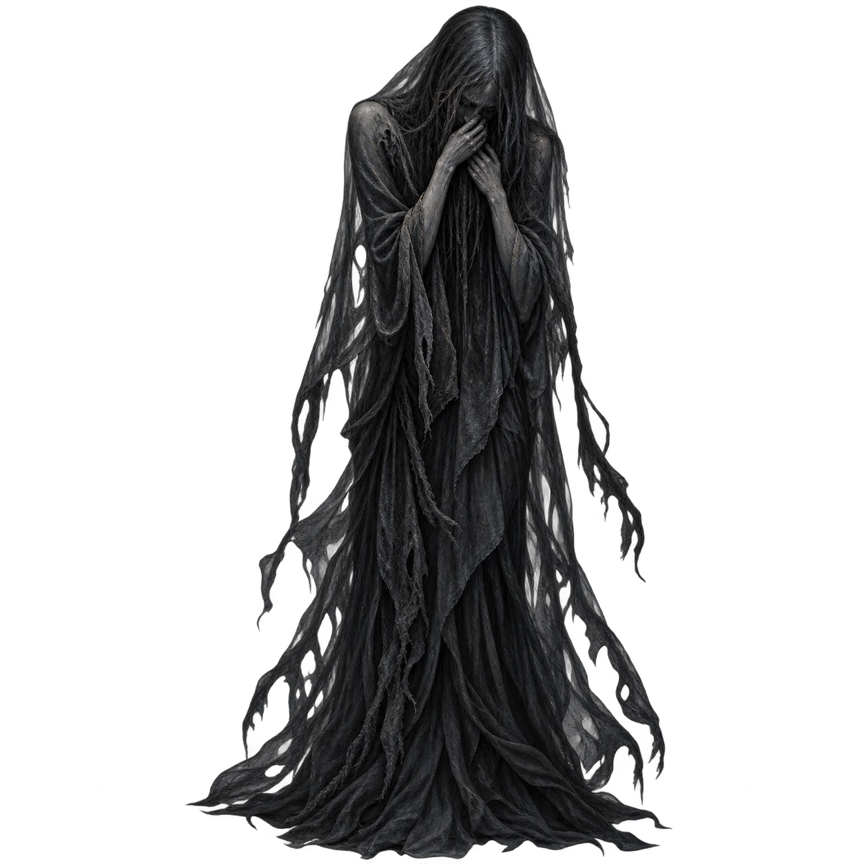 Unreleased shrouded creature design with hands held over its face.